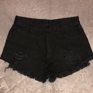 High-waisted Distressed Denim Shorts- Black